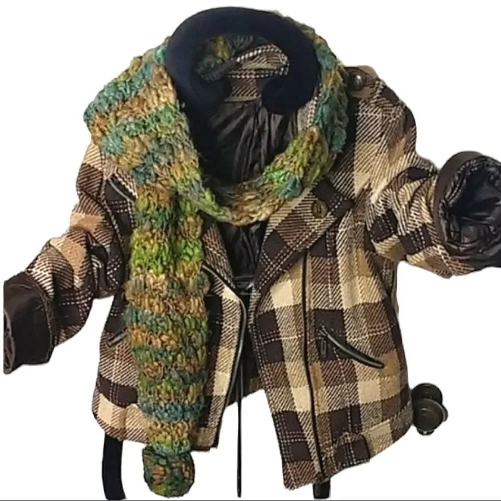 Vintage Brown Plaid Cropped Asymetrical Zip Up Jacket size M